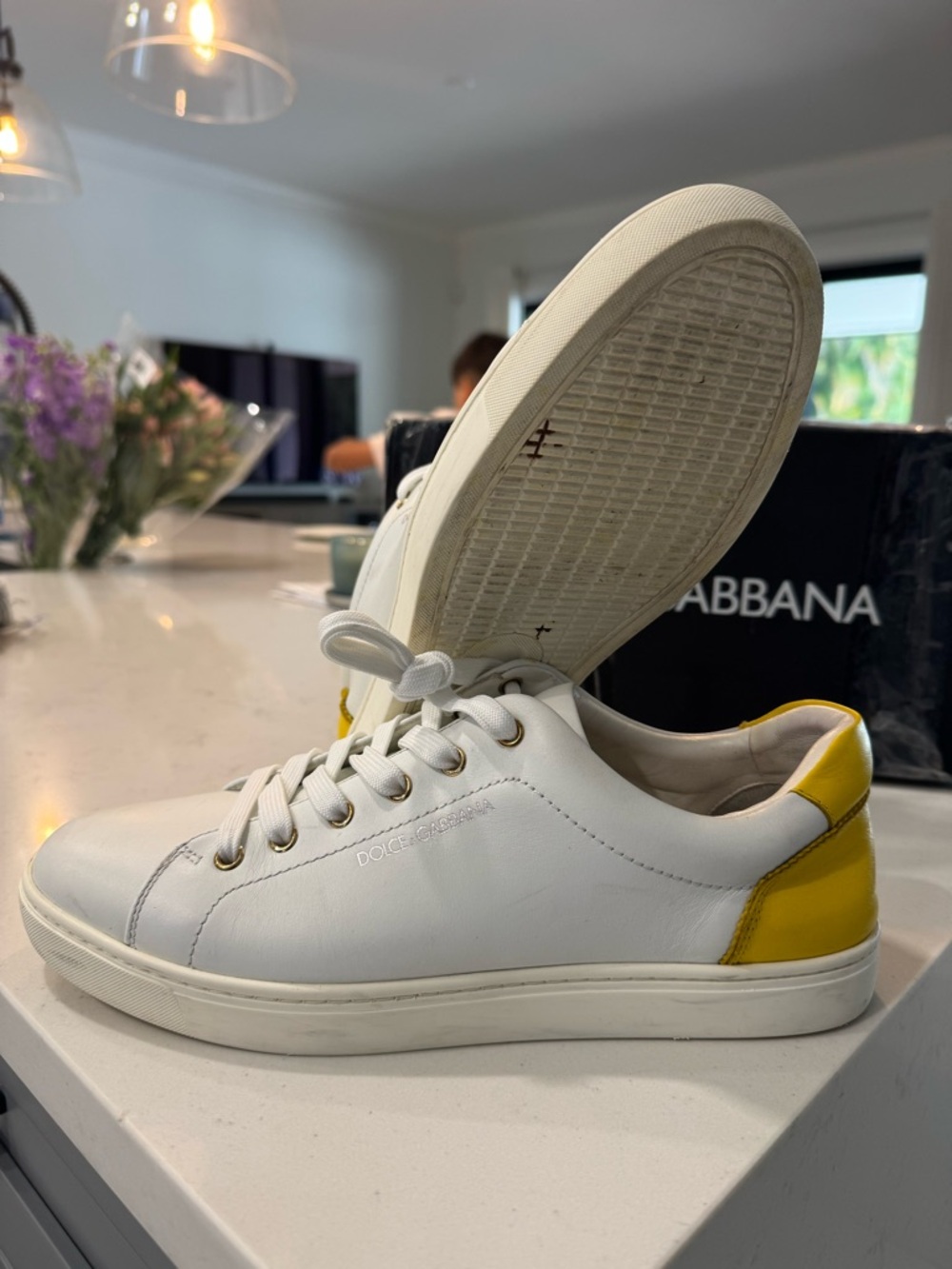 Dolce & Gabbana White Leather Lace Up Sneakers with Yellow Heel